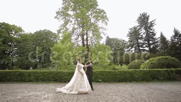 新婚夫妇正在大城堡附近的公园里散步美丽的新娘英俊的新郎视频的预览图