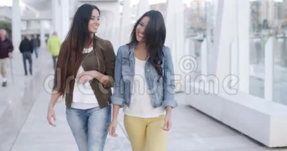两个年轻女子漫步在长廊上视频的预览图