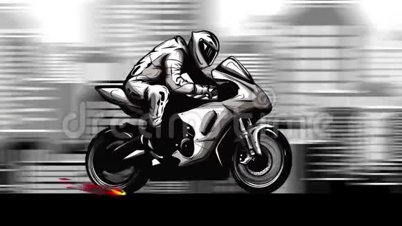 摩托车手在一个大城市的背景下骑行循环动画与阿尔法频道视频的预览图