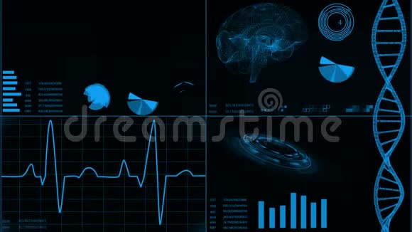 未来派用户界面与心脏扫描和心电图插图大脑扫描DNA抽象虚拟视频的预览图