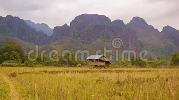 老挝空的稻田山的背景上有稻草视频的预览图