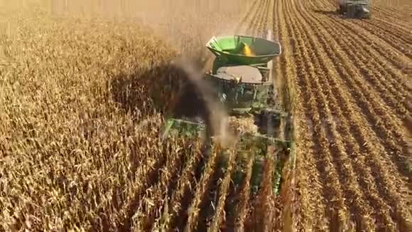 4k无人驾驶飞机大规模农业联合卡车机器车辆在农田收获有机小麦作物视频的预览图