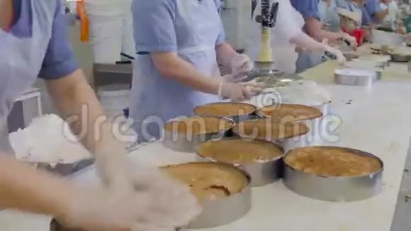 蛋糕生产工厂手做饭在传送带上准备蛋糕在面包店装饰蛋糕视频的预览图