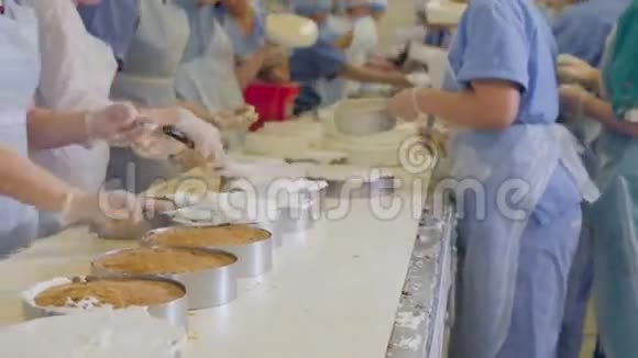 蛋糕生产工厂手做饭在传送带上准备蛋糕在面包店装饰蛋糕视频的预览图