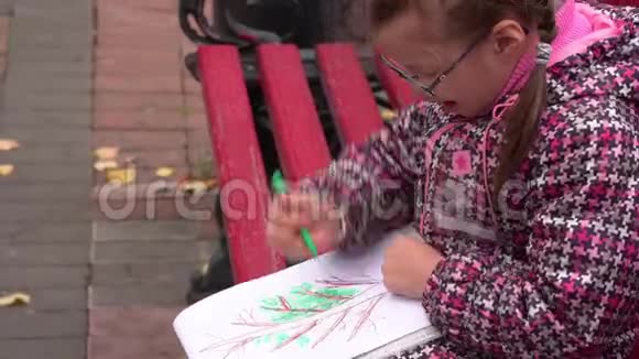 带眼镜的女孩子在他的相册里画了一幅画一个女孩坐在公园的长凳上视频的预览图