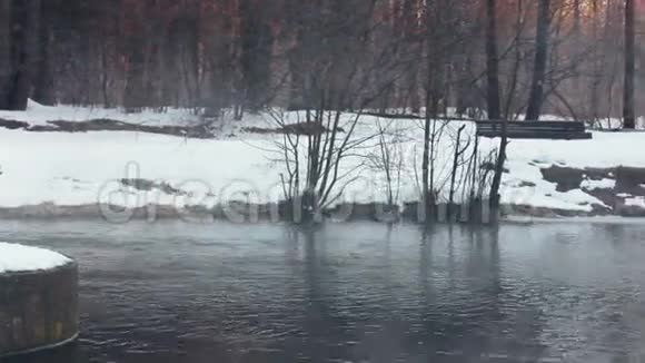 冬天的河流有雾的冬季河流全景冬季背景视频的预览图