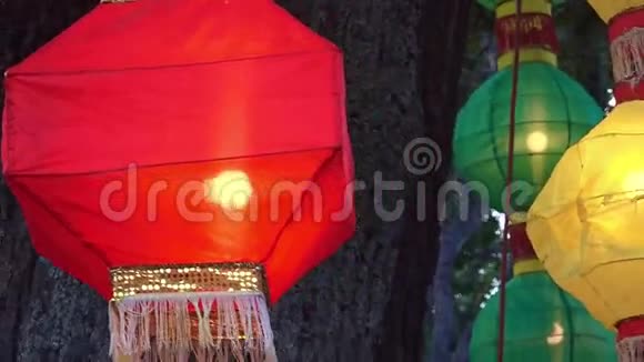 五颜六色的中国灯笼挂在树上视频的预览图