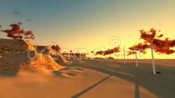 干旱的沙漠时间日出和风车视频的预览图