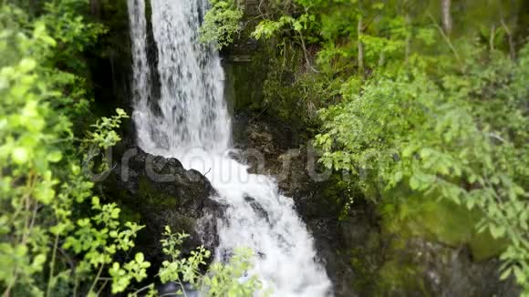 绿树山林中石崖小河瀑布景视频的预览图