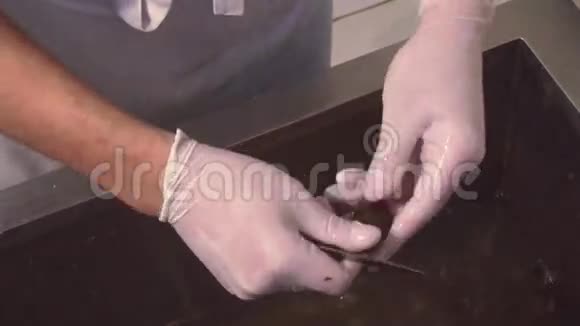 戴手套的工人用刀子在水槽里擦洗洗过的贻贝餐厅厨房清洁过程视频的预览图