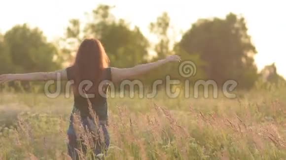 户外浪漫年轻女子的美漂亮的模特女孩穿着牛仔裤和一件绿色衬衫在田野里视频的预览图