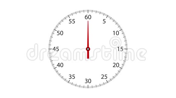 具有旋转红色指针的模拟时钟面从0到60秒的正向计数序列视频的预览图