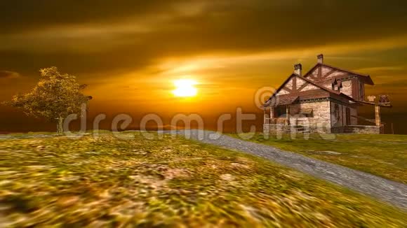 山顶上有12处老房子的景观和金色的日落视频的预览图