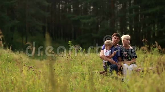 快乐快乐的年轻家庭爸爸妈妈和小儿子在户外玩得开心一起在夏天的公园玩视频的预览图