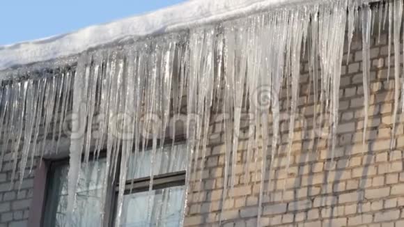 冬天房子屋顶上大量融化的冰柱视频的预览图
