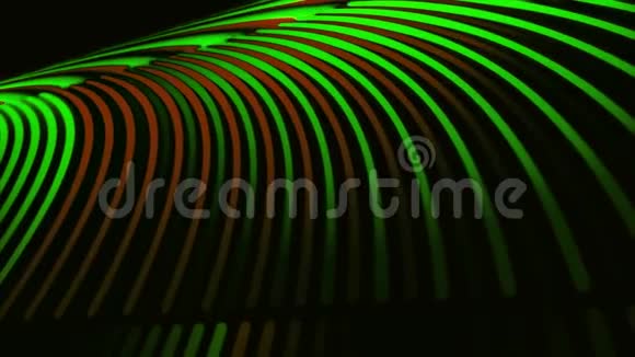 抽象3D彩虹形状优雅的线条在黑色背景上快速移动无缝循环动画绿色和红色弯曲视频的预览图