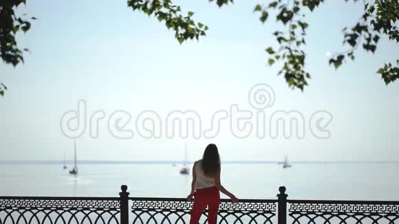 在蓝天背景下靠近游艇码头的女人视频的预览图