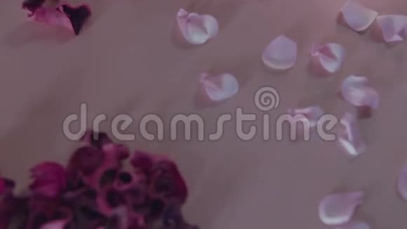 浪漫的装饰安装玫瑰花瓣和心形花盆视频的预览图
