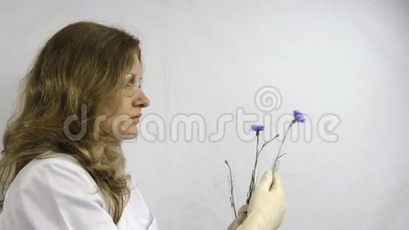研究妇女在装有转基因植物的烧瓶中观察视频的预览图
