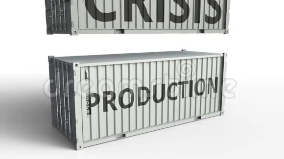 带有生产文本的集装箱被带有CRISS标记的货物集装箱打破概念三维动画视频的预览图