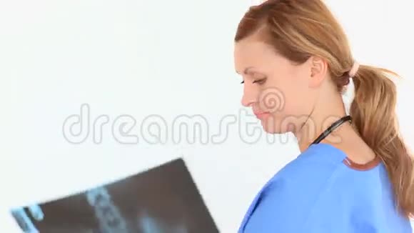美丽的金发医生看着X射线视频的预览图