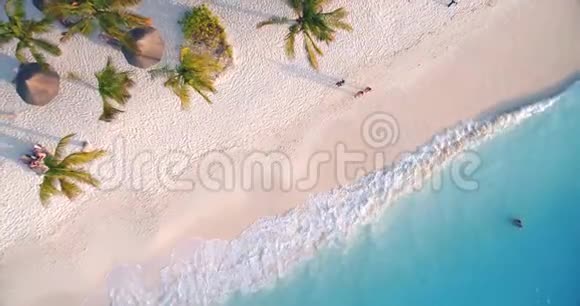 日落时沙滩上的海浪雨伞棕榈树的鸟瞰图视频的预览图