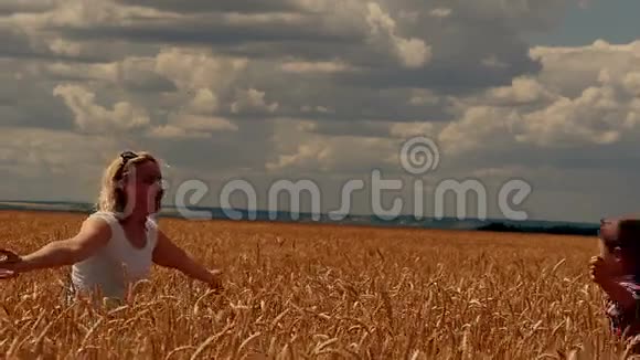 母子俩在麦田上奔跑一个幸福的家庭视频的预览图