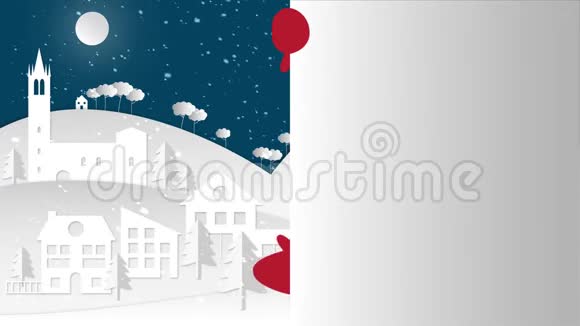 雪人看起来很害羞在一个教堂划破天空的小镇的雪景中他灿烂的微笑向你致意视频的预览图