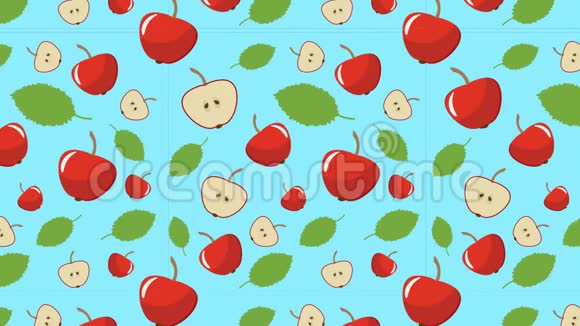 动画背景苹果和叶子在绿松石背景上视频的预览图