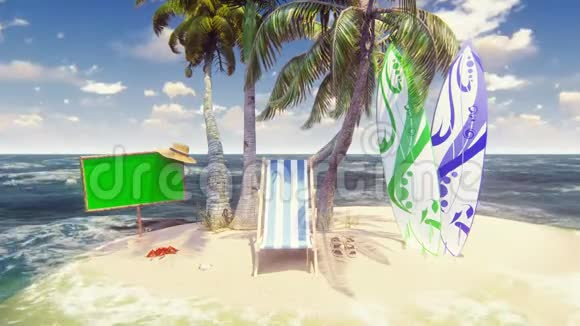 美丽的野生岛屿海滩和棕榈树白沙和蓝天沙滩椅冲浪板和木制横幅视频的预览图
