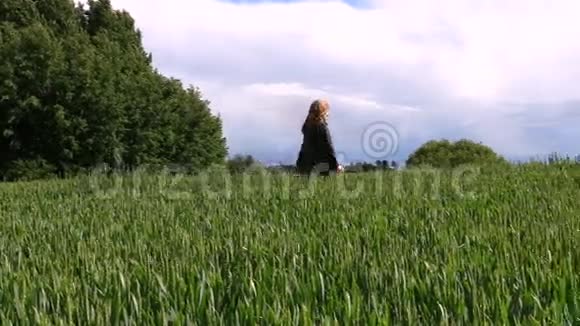 穿着深色夹克的女人在夏天穿过广阔的麦田视频的预览图