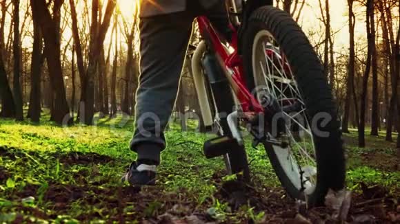 小男孩在公园里学骑自行车日落公园慢动作视频的预览图