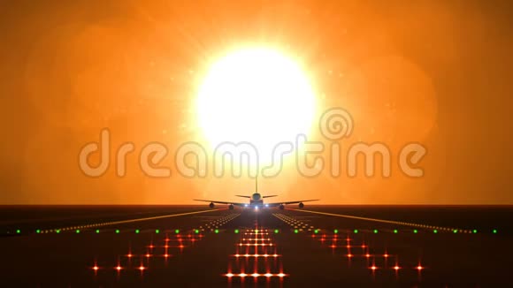 大飞机从机场跑道起飞迎着大日落或日出视频的预览图