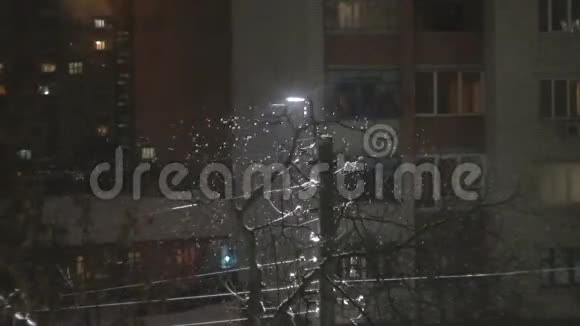 夜间大雪在假日的路灯旁闪烁视频的预览图
