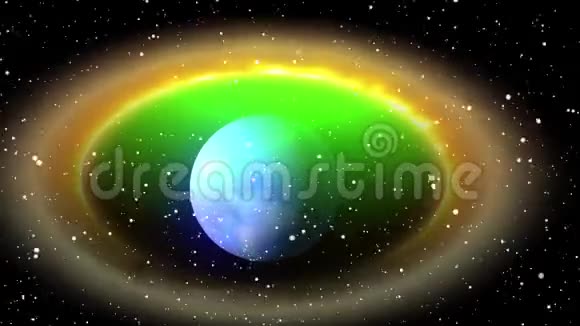 在星空背景下蓝色行星在彩色气体的圆圈中的动画视频的预览图
