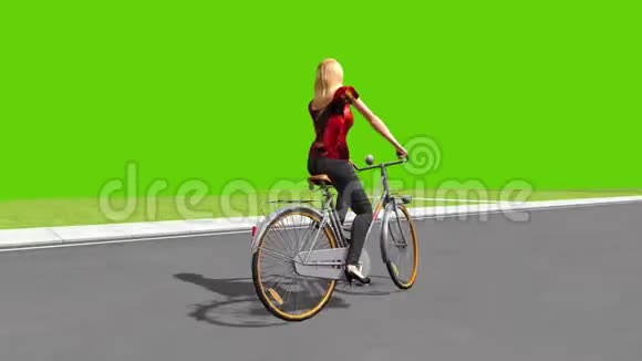 绿色屏幕背景下骑自行车女孩的三维动画视频的预览图