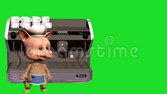 带有咖啡机和绿色背景的卡通小猪3D动画视频的预览图
