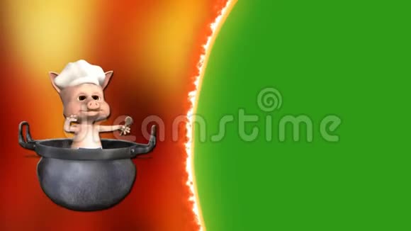 动画3d卡通小猪在平底锅在一个火热和绿色的屏幕背景视频的预览图