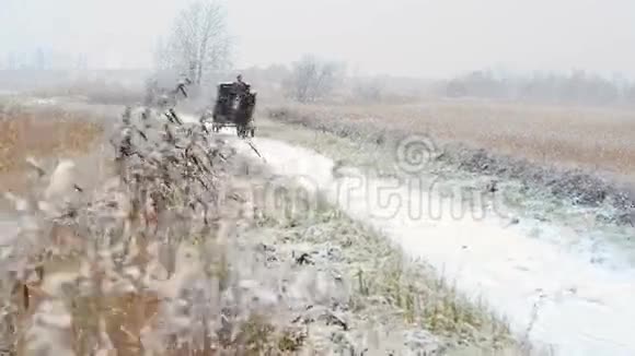 男子在冬季道路上骑一辆马车视频的预览图