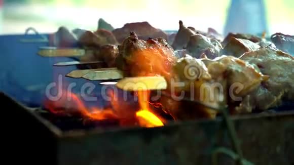 烤肉架上的肉烤串肉串用木炭煮猪肉传统野餐菜肴特写视频的预览图