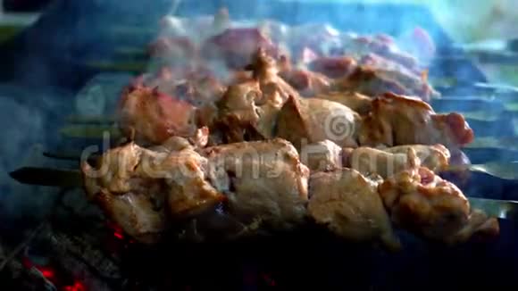 烤肉架上的肉烤串肉串用木炭煮猪肉传统野餐菜肴特写视频的预览图