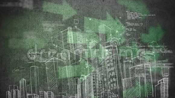 用大绿色箭头和背景中的二进制代码绘制城市视频的预览图