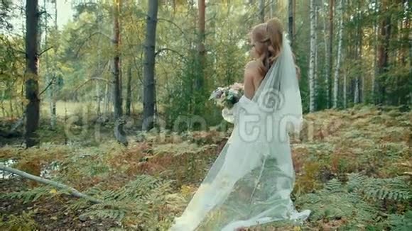 穿着白色内衣的年轻女子戴着长长的面纱站在秋天的森林里视频的预览图