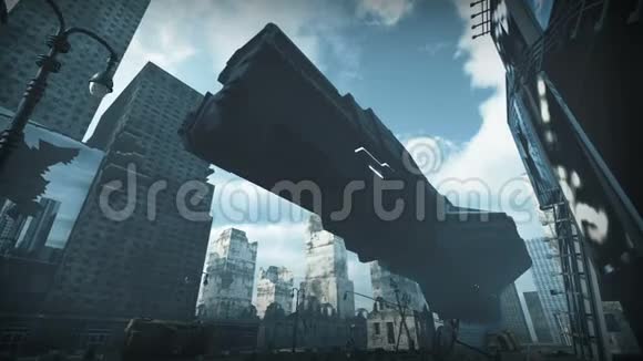 未来的货船降落在科幻城市三维渲染视频的预览图