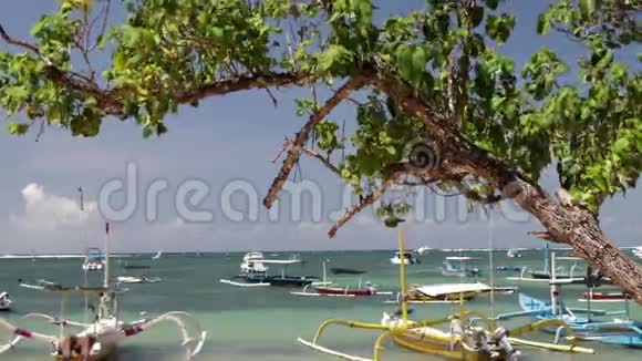 在天堂般的热带岛屿巴厘岛上的渔船印度尼西亚萨努尔海滩视频的预览图