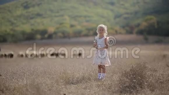 可爱的小女孩跑过草地视频的预览图