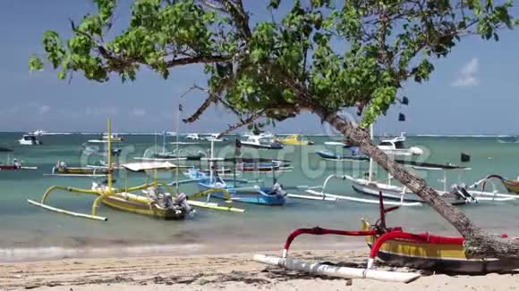 在天堂般的热带岛屿巴厘岛上的渔船印度尼西亚萨努尔海滩视频的预览图