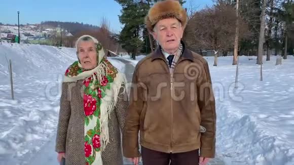 浪漫的高级夫妇在冬天在公园散步爱永远视频的预览图