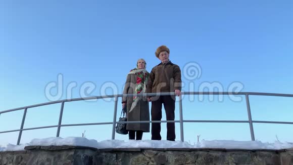 浪漫的高级夫妇在冬天在公园散步永远的爱白冬雪的背景视频的预览图