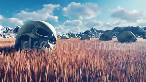 神秘的风景不寻常的草地上的老头骨蓝天和云彩朝阳和远处的山脉视频的预览图